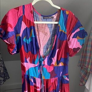 Mister Zimi Bold Abstract V-Neck Maxi Dress in Pink, Blue & Purple